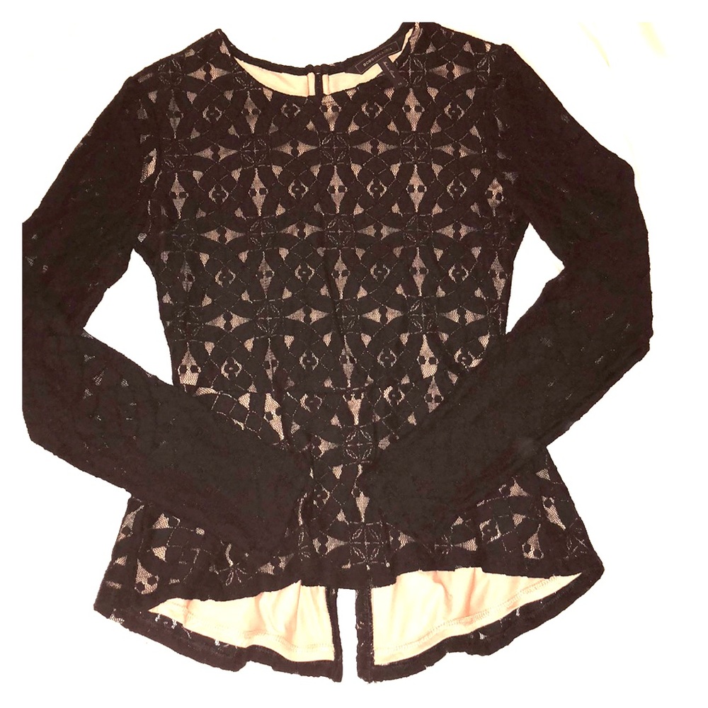 BCBG Maxazria black lace peplum long sleeve top